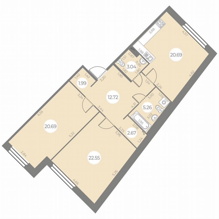 2-к. квартира, 89 м², 2/20 эт.