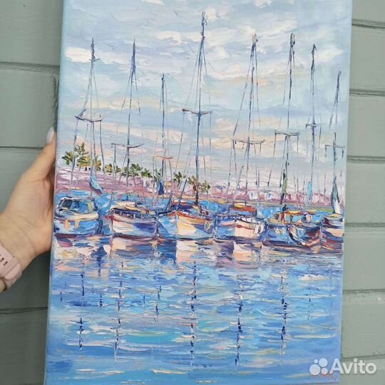 Картина маслом лодки пейзаж море 50х35 см