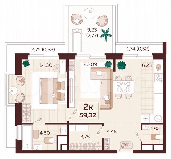 2-к. квартира, 59,3 м², 7/9 эт.