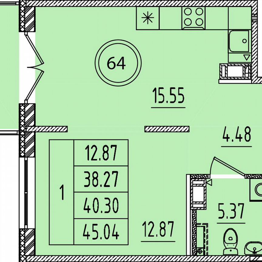 1-к. квартира, 38,3 м², 4/4 эт.