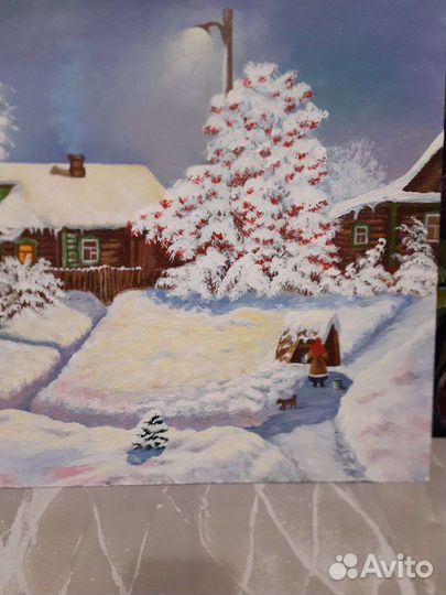 Картина. Зимний деревенский пейзаж