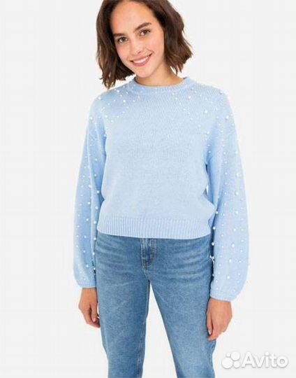 Голубой джемпер oversize С бусинами р.S