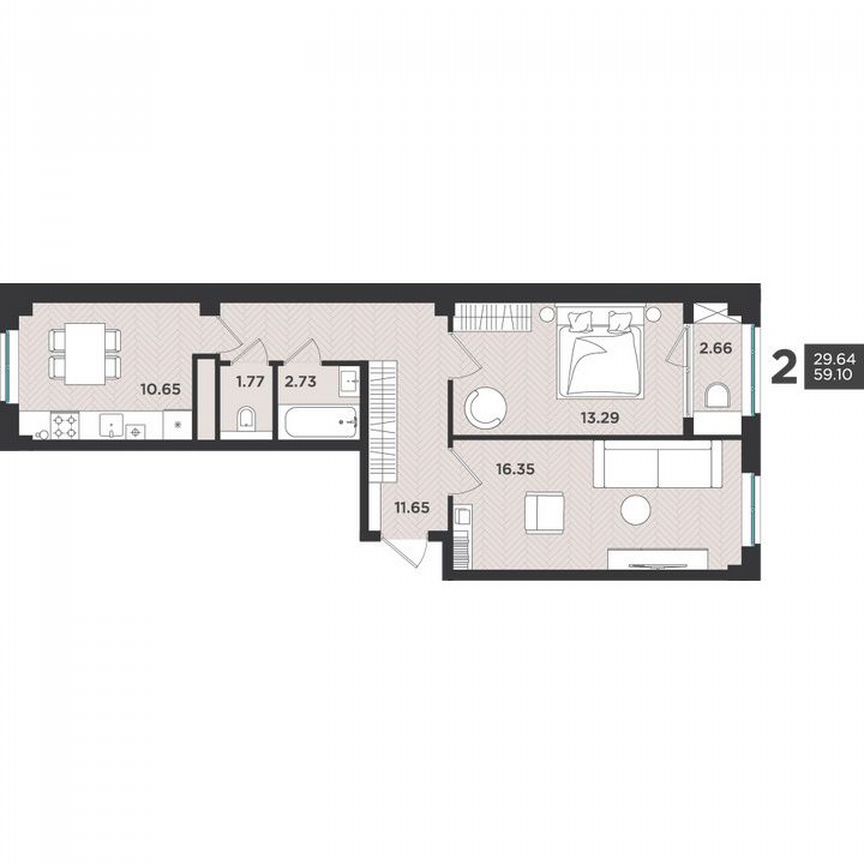 2-к. квартира, 59,1 м², 3/4 эт.