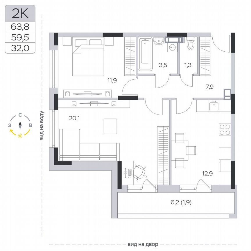 2-к. квартира, 59,8 м², 5/6 эт.