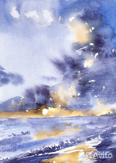 Картина акварелью. Берег моря на закате