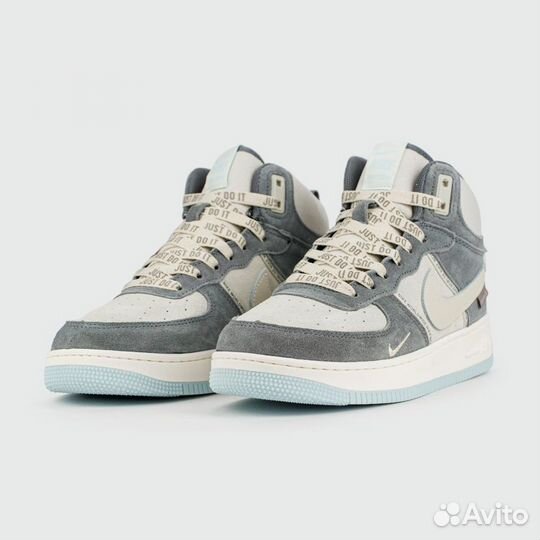 Кроссовки Nike Air Force 1 Mid Grey / White Blue Ftwr. with Fur Wmns (арт. 25780)