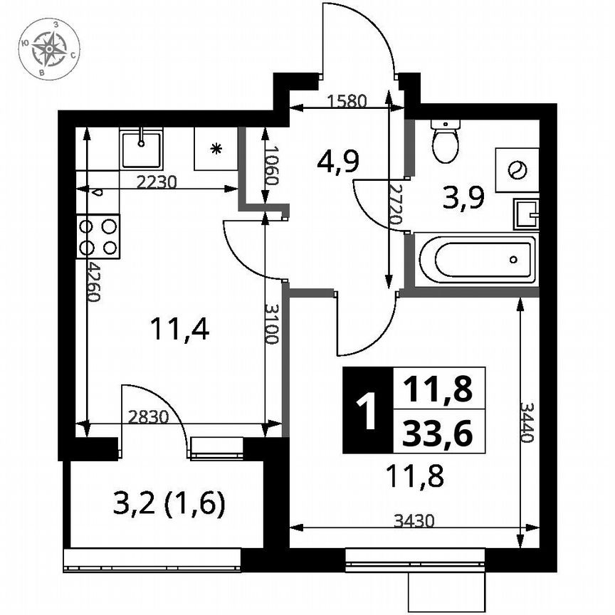 1-к. квартира, 33,6 м², 4/18 эт.