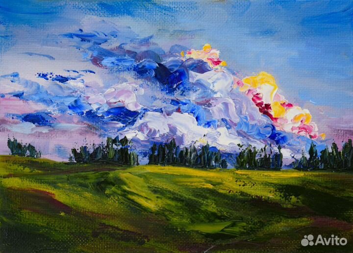 Картина маслом на холсте пейзаж Облака закат