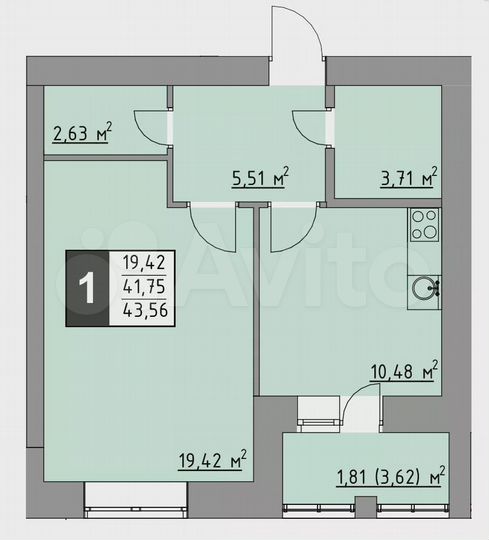 1-к. квартира, 43,6 м², 2/10 эт.