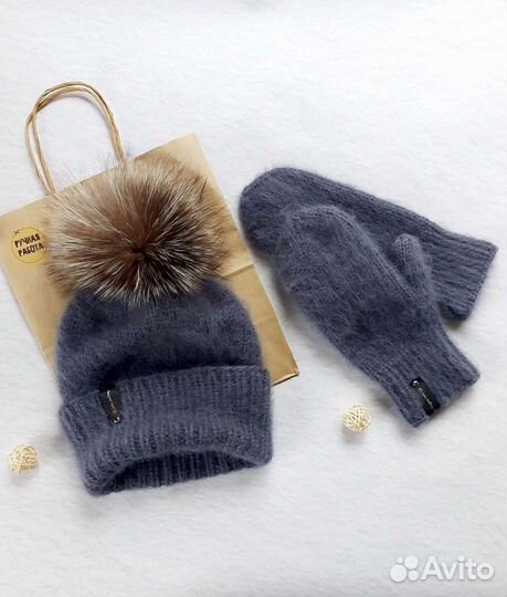 Шапка, варежки, Пух Норки. ручная работа