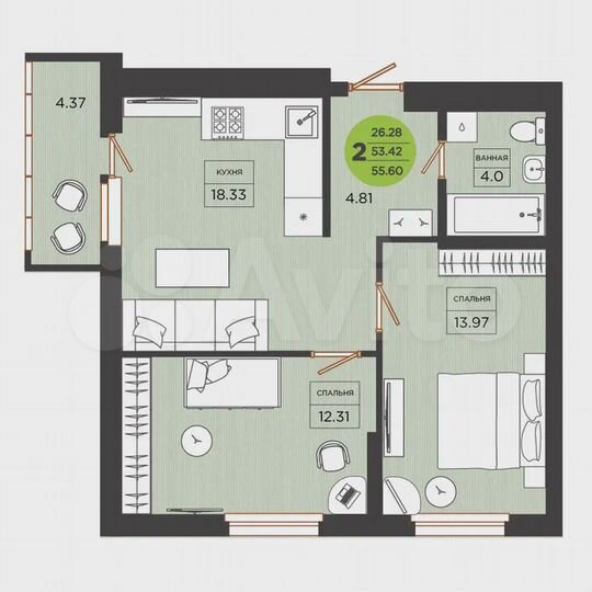 2-к. квартира, 55,6 м², 22/26 эт.