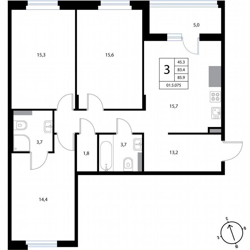 3-к. квартира, 85,9 м², 2/3 эт.