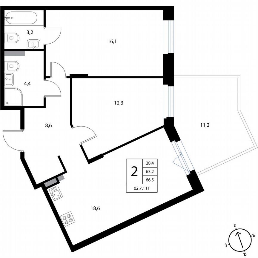 2-к. квартира, 66,5 м², 1/3 эт.