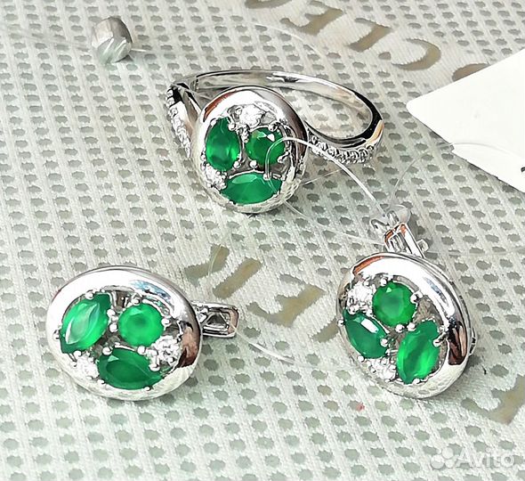 Серьги, кольцо серебро агат разм.18,0 С238