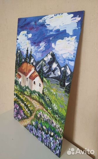 Картина пейзаж дом Алтай горы 40 на 60 см