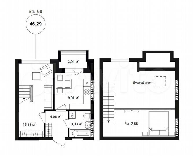2-к. квартира, 48,4 м², 4/4 эт.