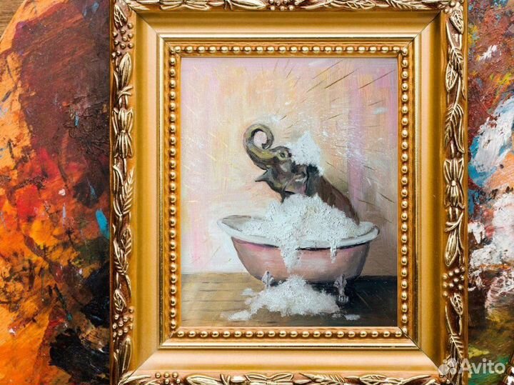 Картина маслом, слон в ванне, 20х25