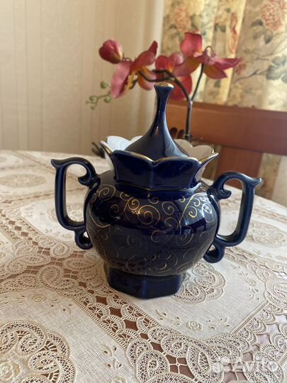 Чайный сервиз синий кобальт с позолотой