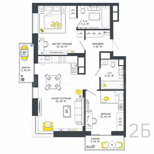 2-к. квартира, 78,4 м², 7/25 эт.