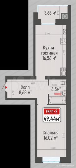 1-к. квартира, 49,4 м², 9/10 эт.
