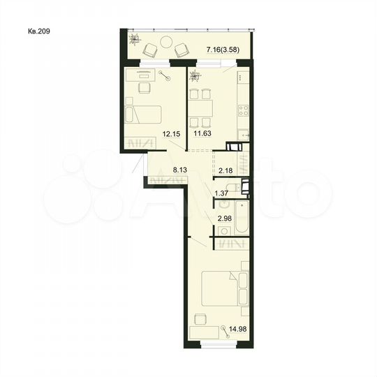 2-к. квартира, 57 м², 4/5 эт.