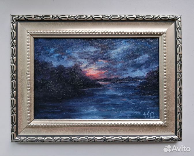 Картина маслом закат. Миниатюра на холсте пейзаж