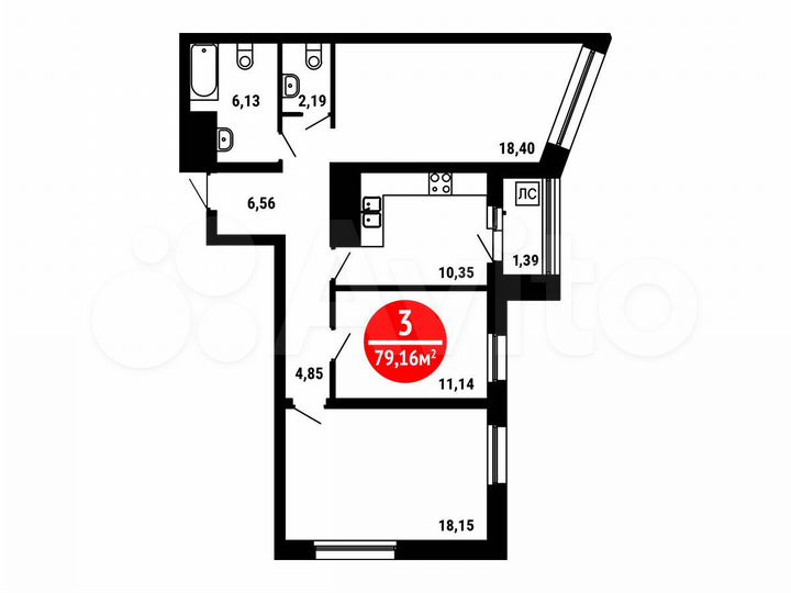 3-к. квартира, 79,2 м², 21/25 эт.