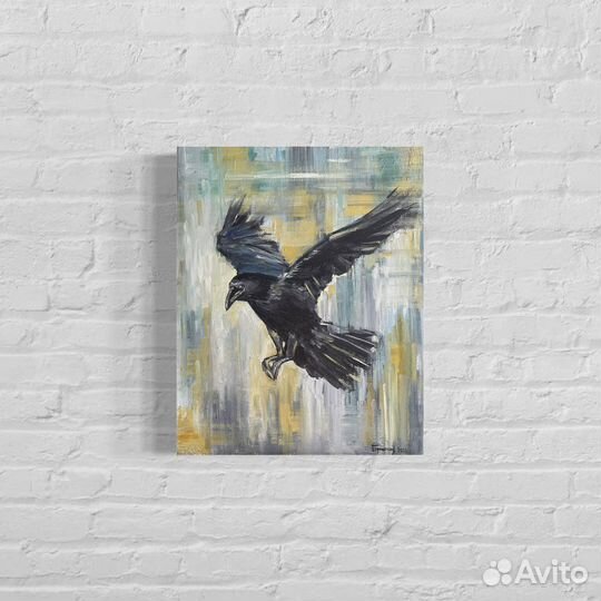 Картина маслом Летящий ворон Черная птица