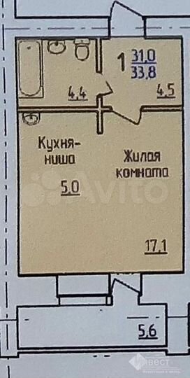 Квартира-студия, 33,8 м², 1/14 эт.