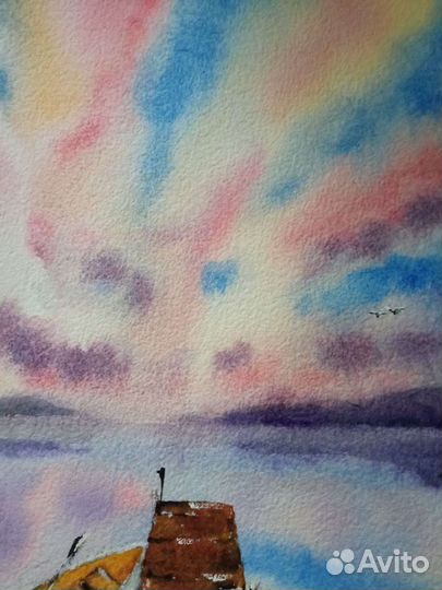 Картина акварель рассвет озеро