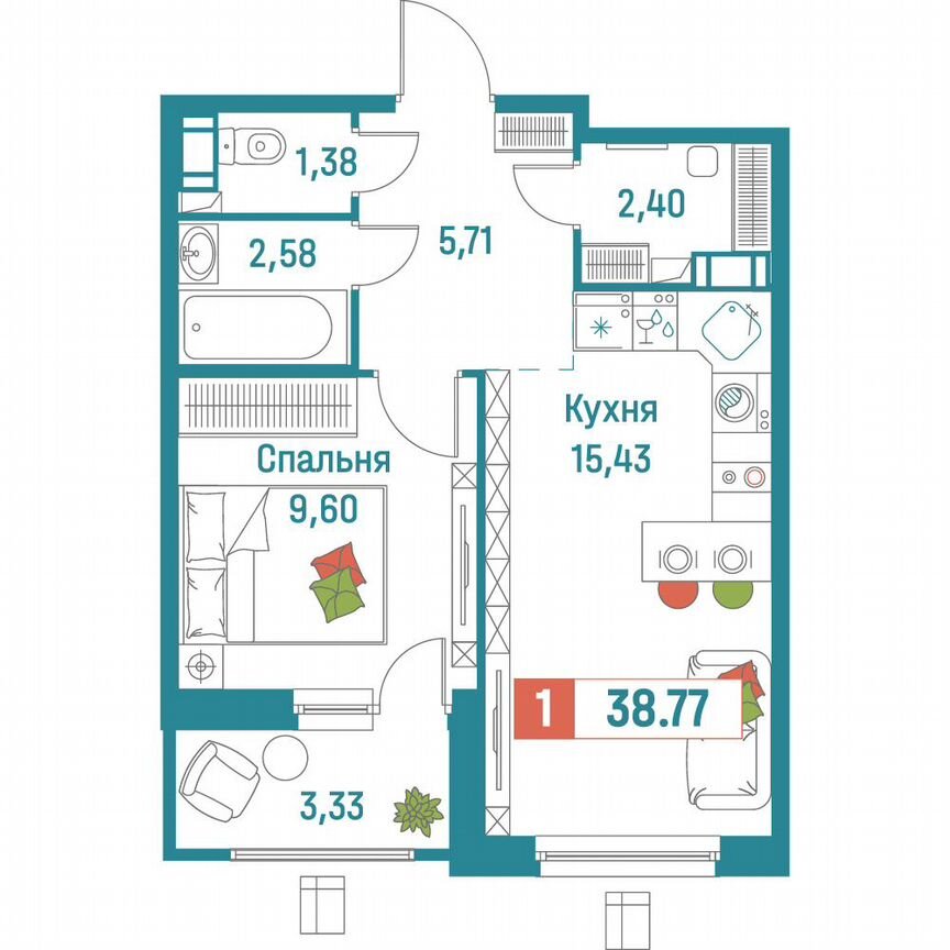 1-к. квартира, 38,8 м², 18/18 эт.