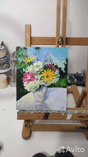 Картина маслом Букет цветов 13х16,5 см в раме