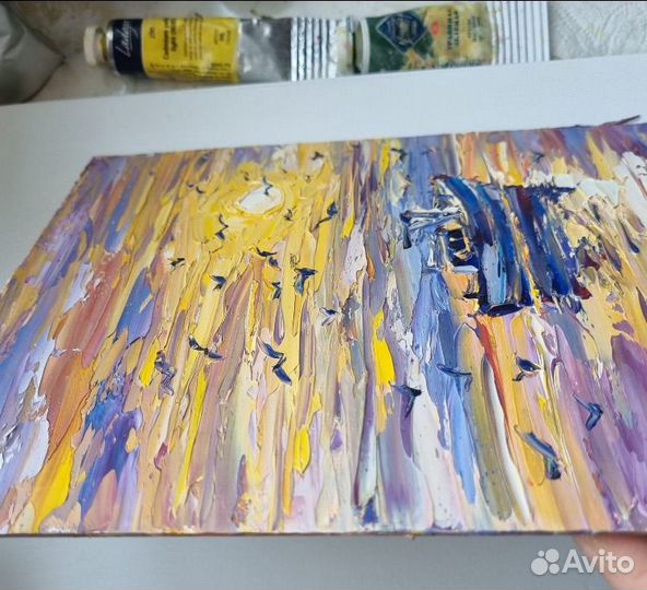 Картина маслом пейзаж с лодкой закат солнце море