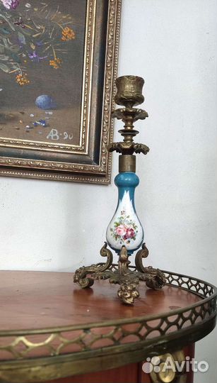 Старинные Подсвечники пара бронза,фарфор, роспись