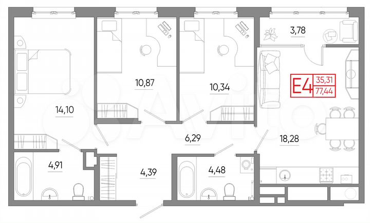 3-к. квартира, 77,4 м², 7/18 эт.