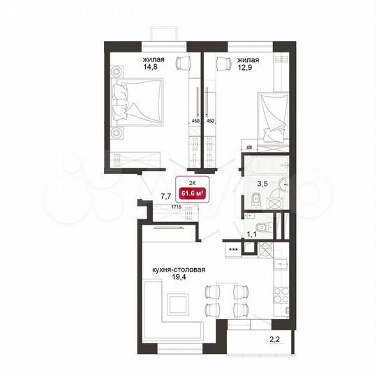 2-к. квартира, 61,9 м², 3/4 эт.