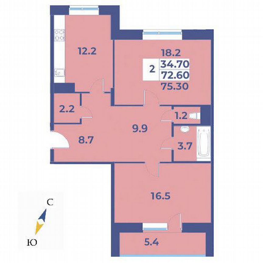 2-к. квартира, 75,3 м², 3/9 эт.