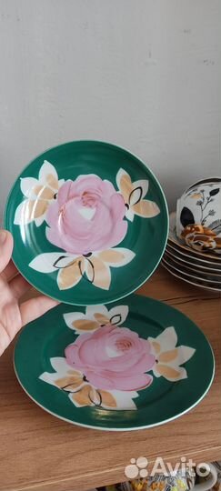 Чайное трио сервиз Розы на зелёном Дулево