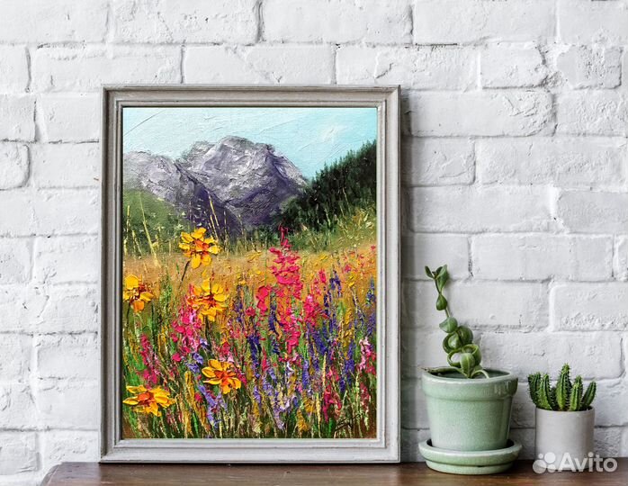 Картина маслом Летний пейзаж с полевыми цветами