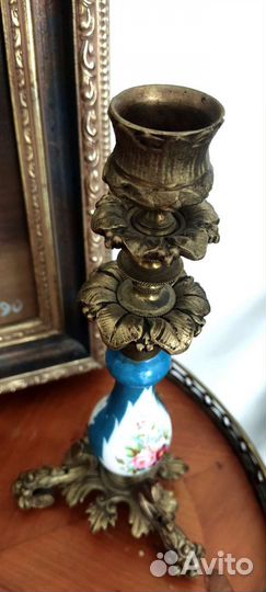 Старинные Подсвечники пара бронза,фарфор, роспись