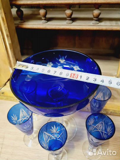 Старинная ваза - фруктовница с рюмками, кобальт цв