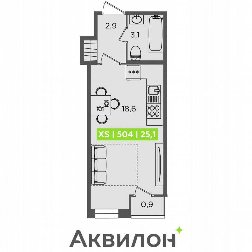 Квартира-студия, 25,1 м², 1/13 эт.