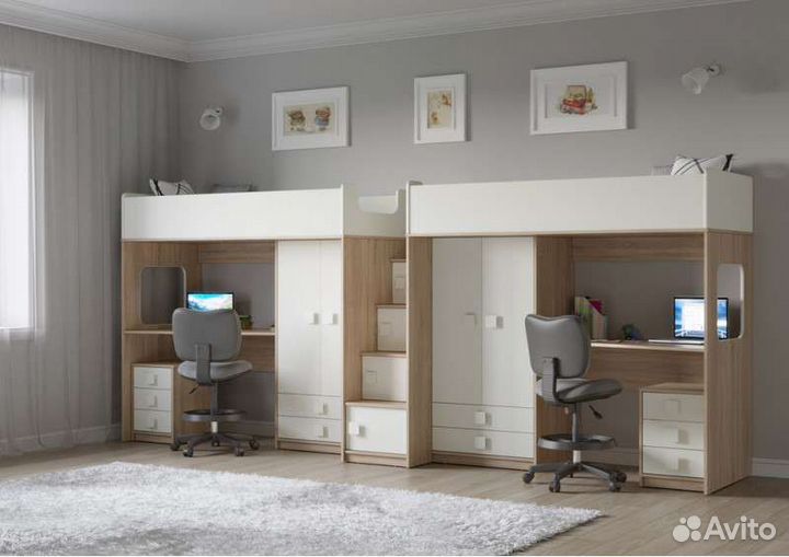Кровати чердаки для двоих с рабочей зоной