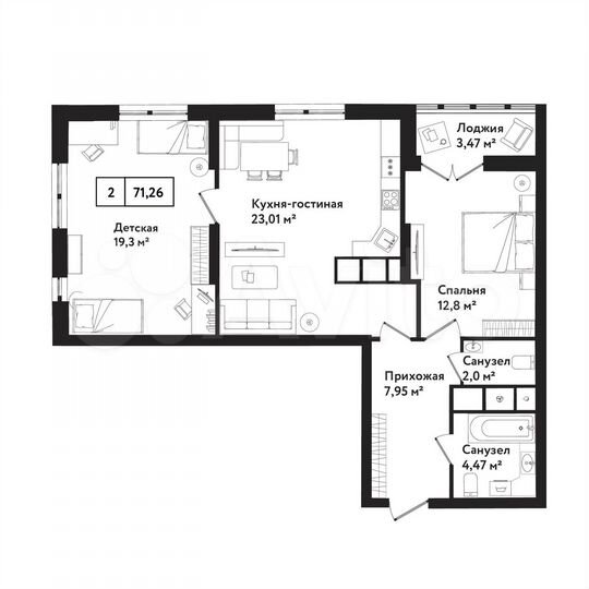 2-к. квартира, 71,3 м², 18/25 эт.