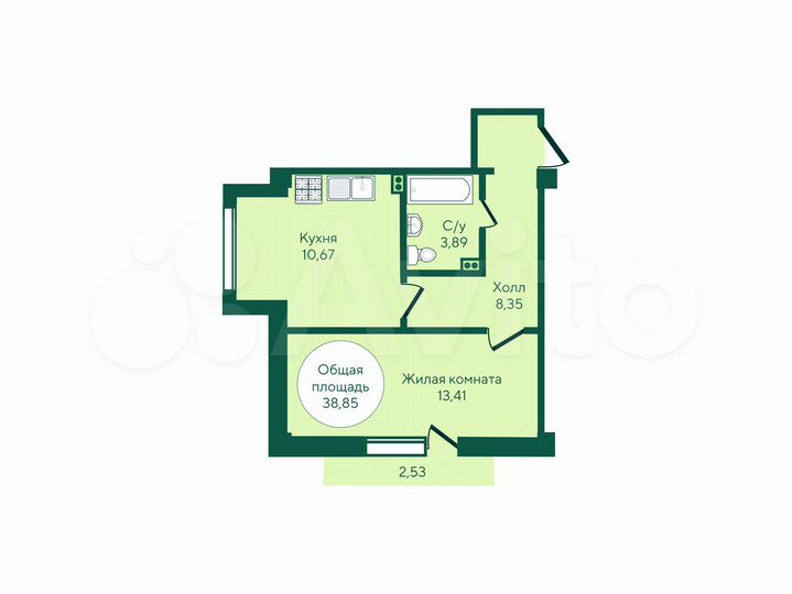 1-к. квартира, 38,9 м², 3/7 эт.