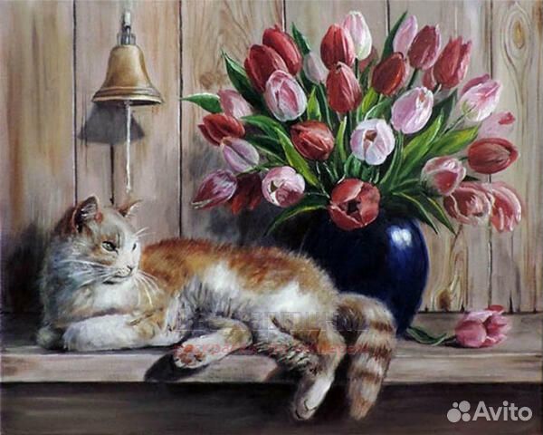 Алмазная мозаика 40x50 Кошечка у букета тюльпанов