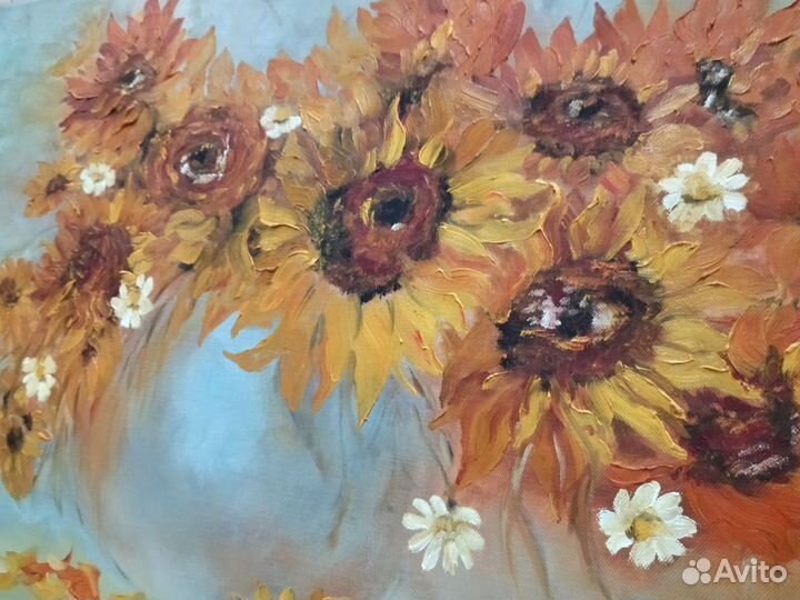 Картина маслом на холсте Подсолнухи с ромашками