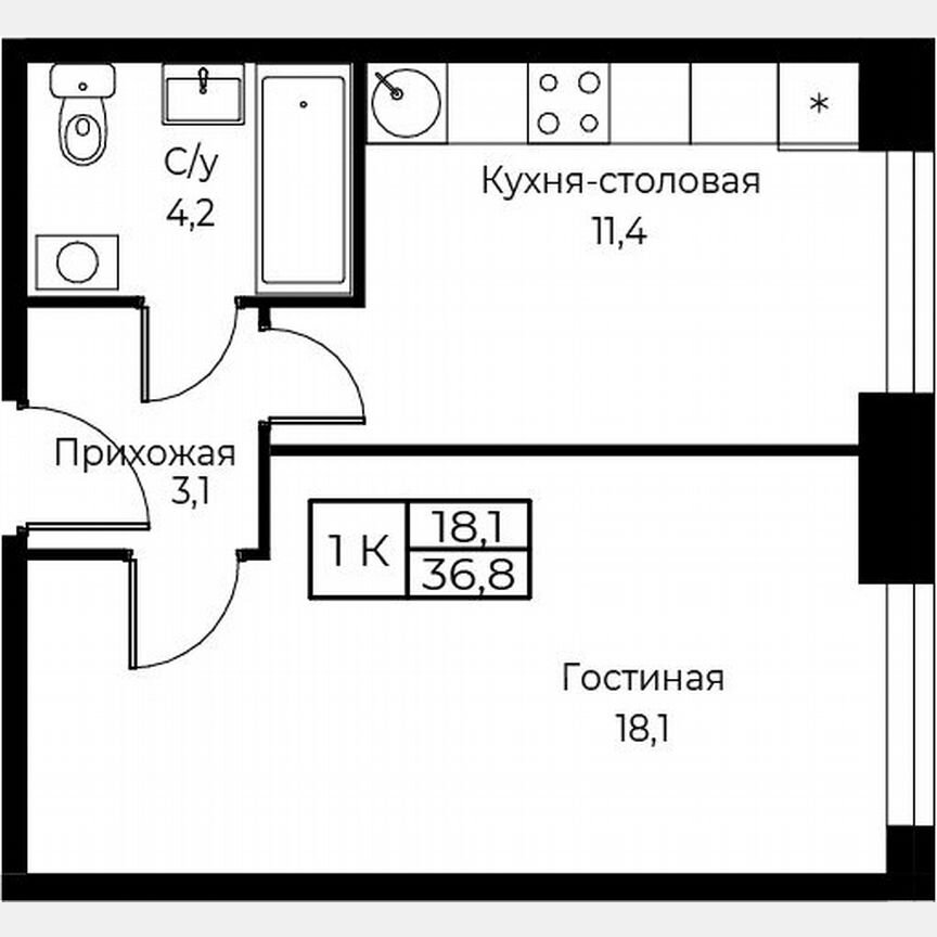 1-к. апартаменты, 36,8 м², 20/30 эт.