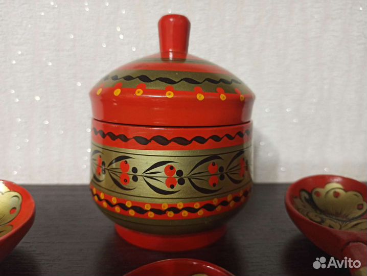 Сахарница и ложки, деревянные, расписные