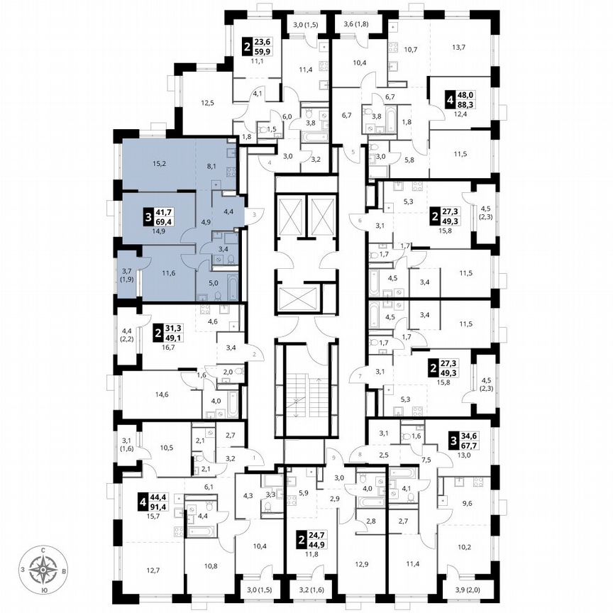 3-к. квартира, 69,4 м², 13/25 эт.